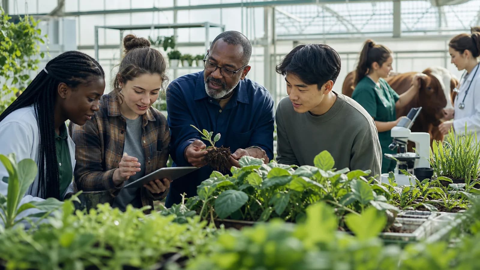 Agriculture students examining crops during a university field class