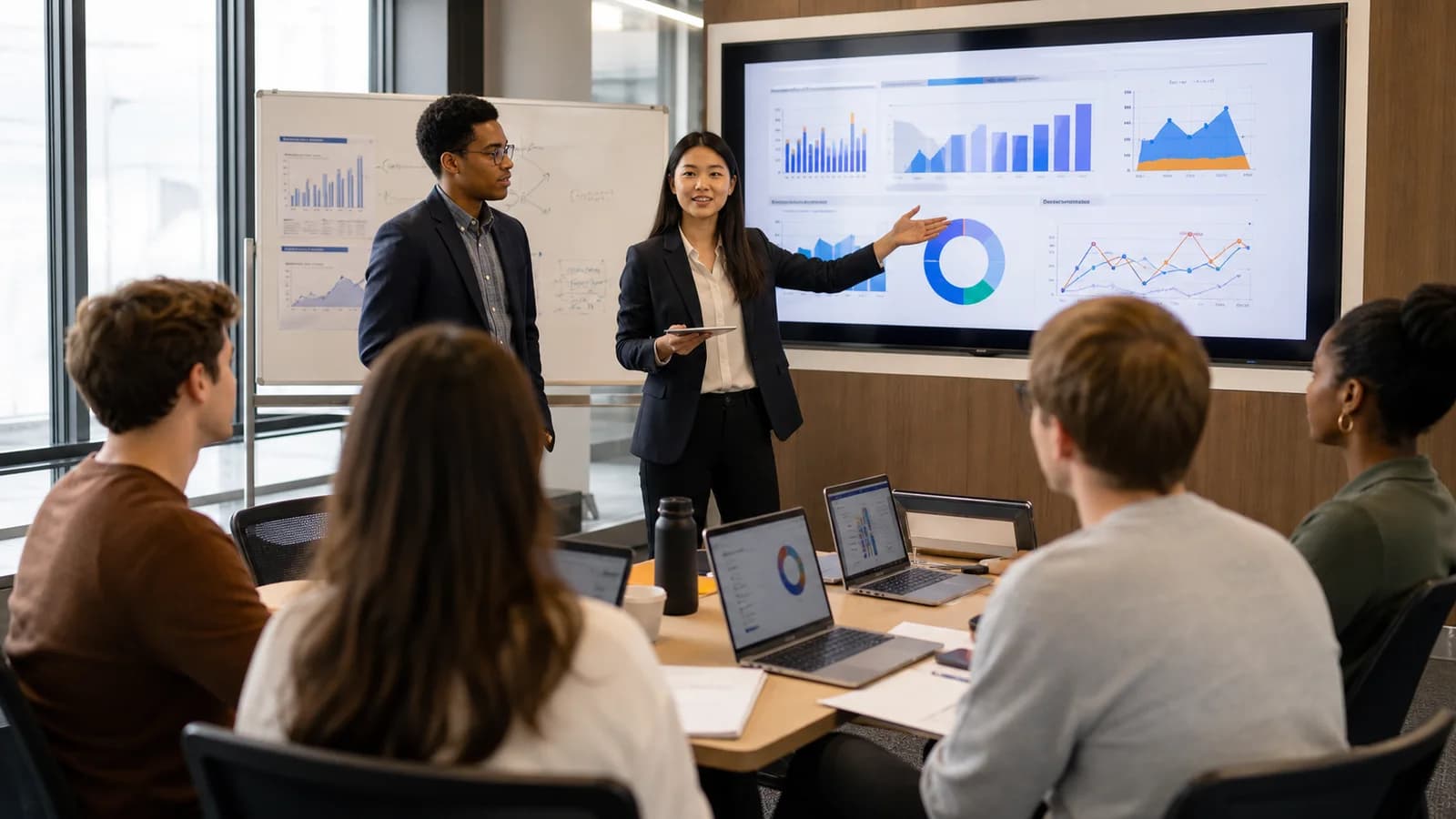 Business students discussing data together