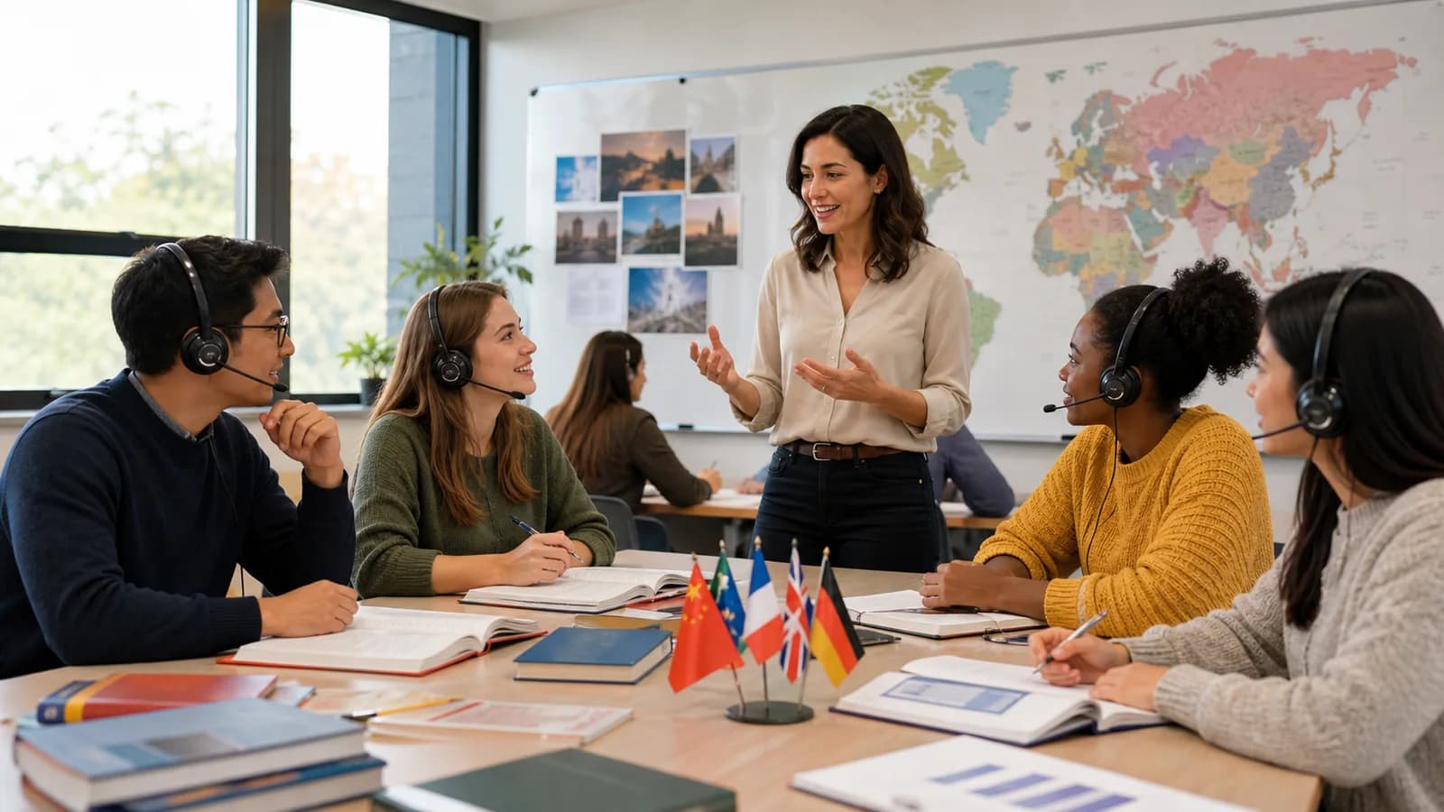Students participating in a language classroom discussion