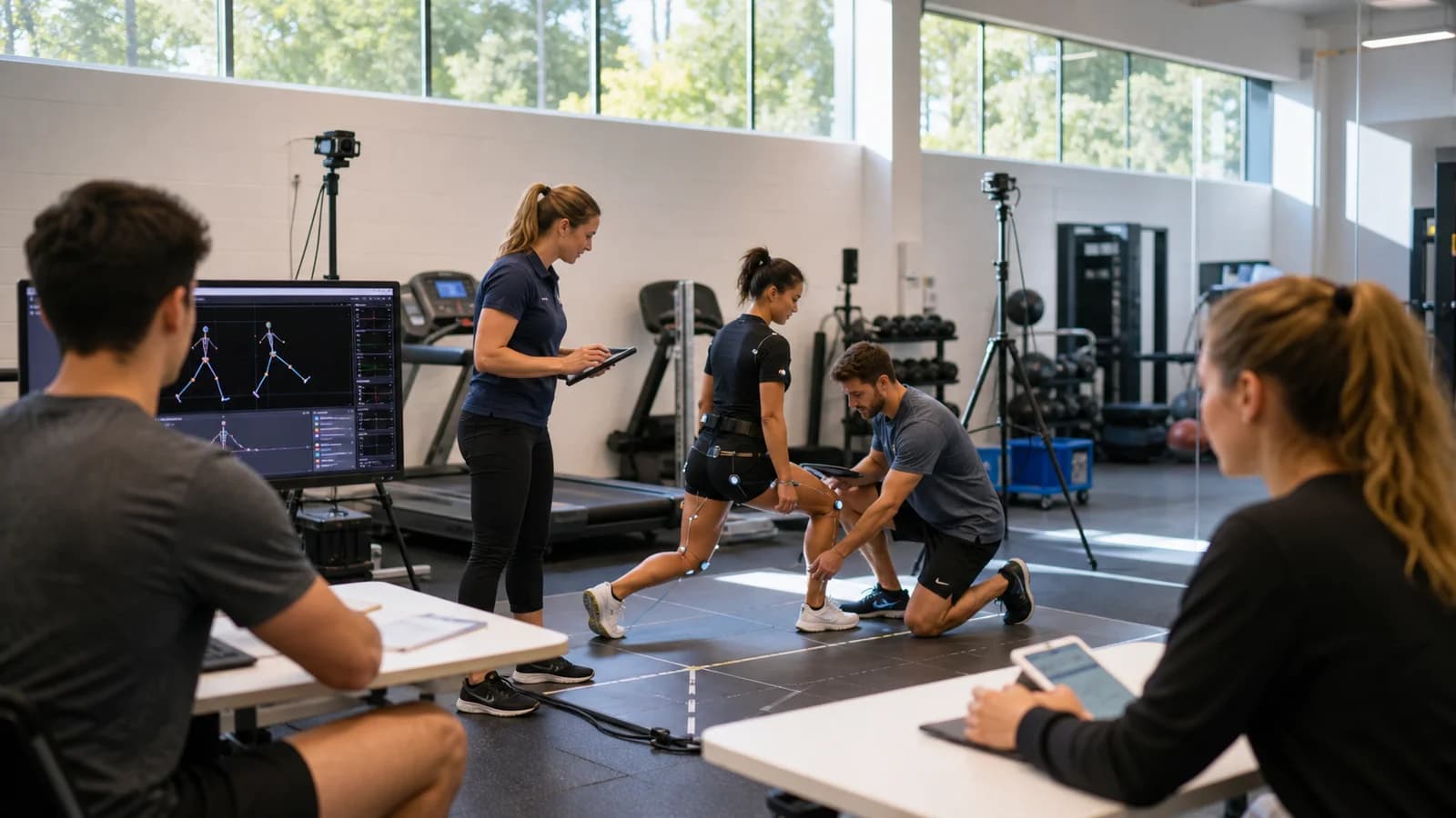 Sports-science students training together in a university gymnasium