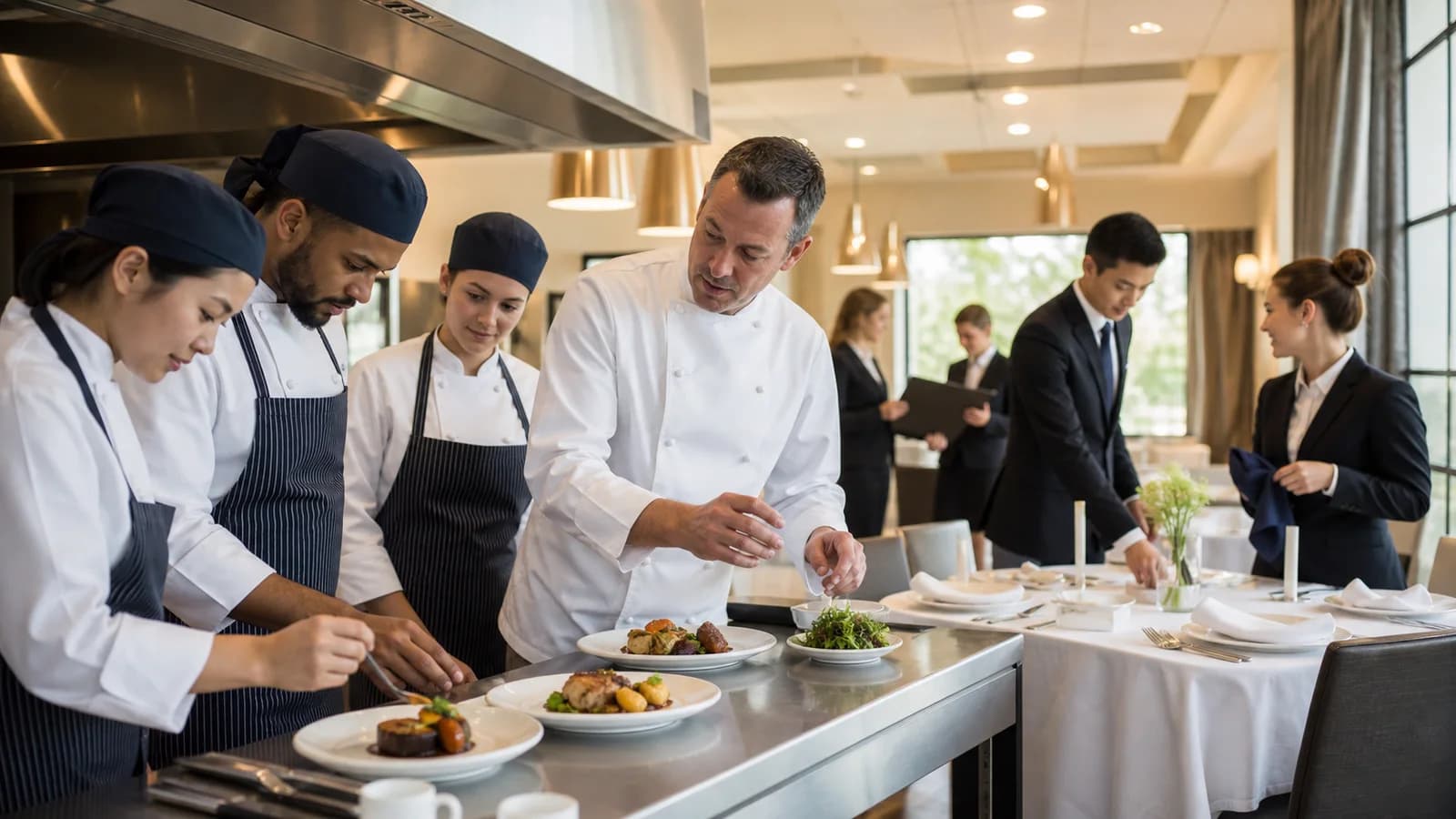 Hospitality students practising professional food service in a training kitchen