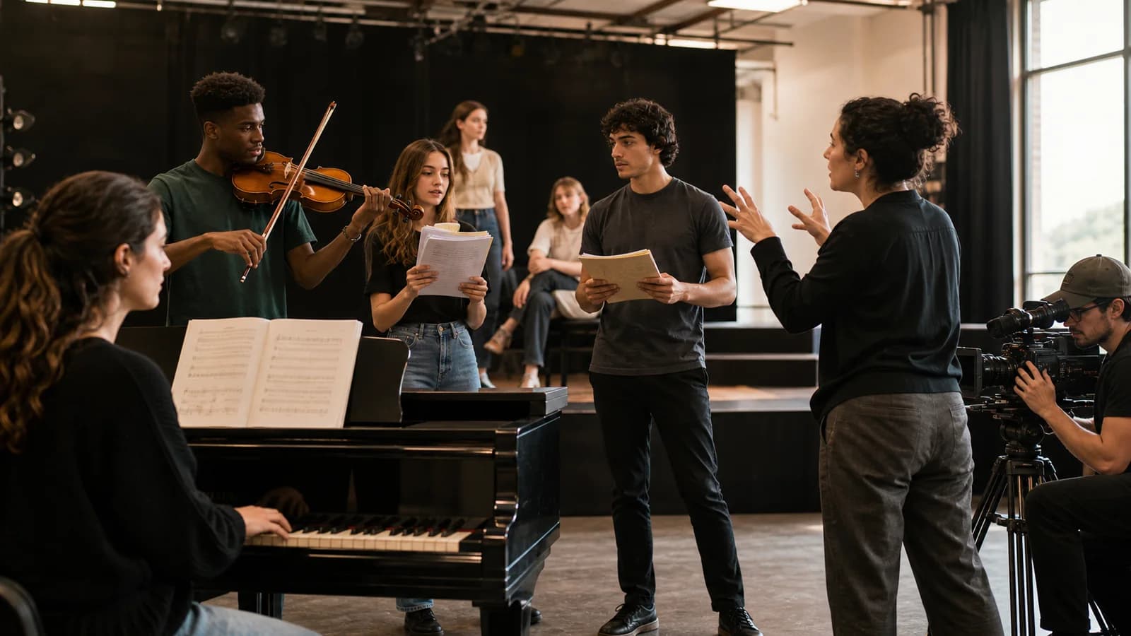 Performing-arts students rehearsing music and theatre on a university stage
